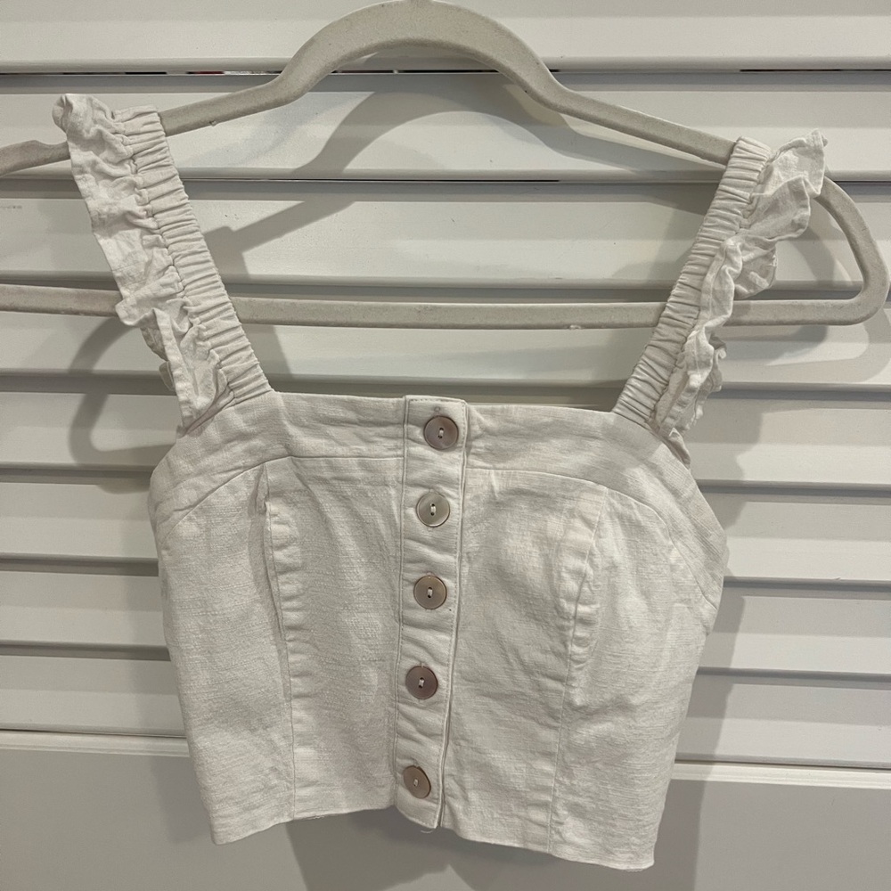 CHOOSY Cream Linen Crop-top with ruffle straps and center buttons Size: XS